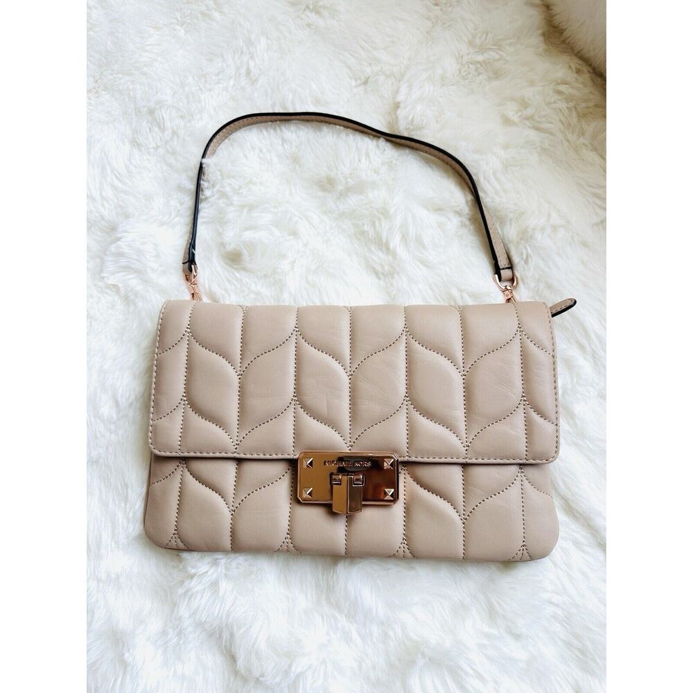 NWT Michael Kors MK Peyton Clutch Large Quilted Clutch Shoulder Bag Oyster $328